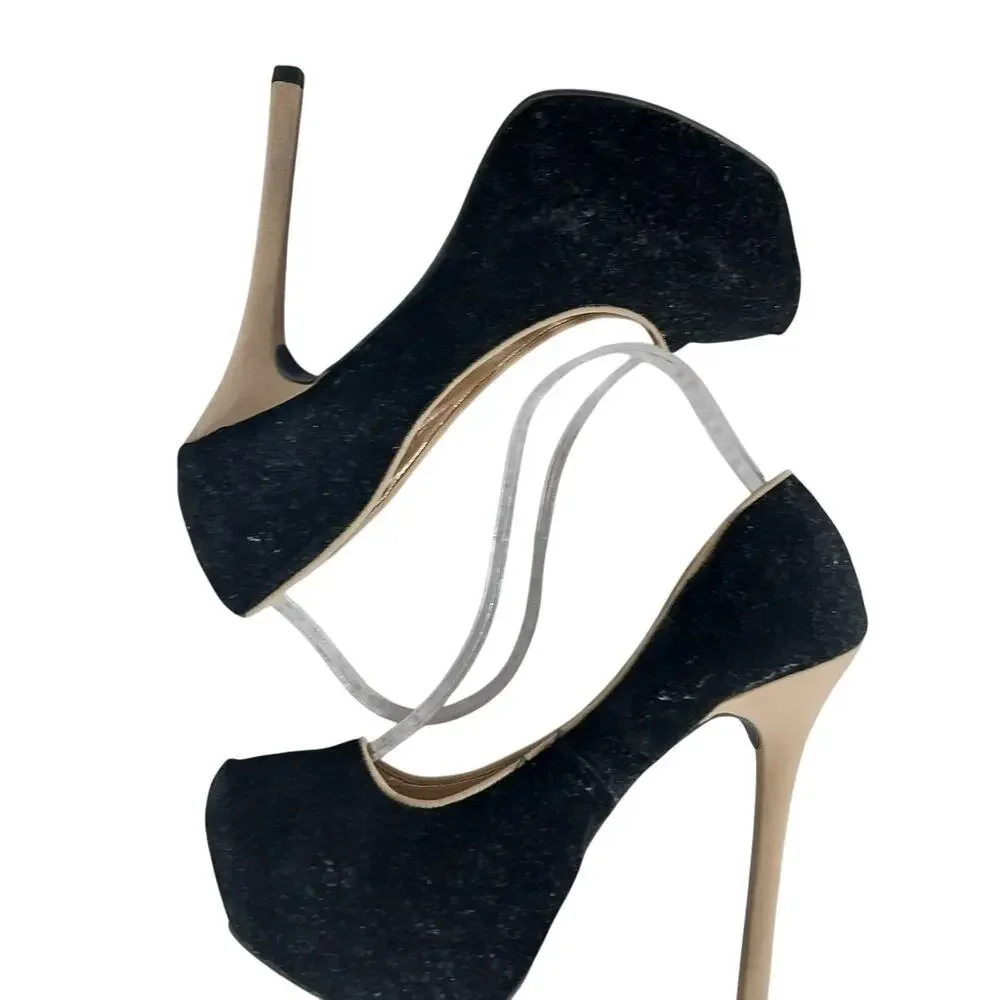 QUPID! BLACK VELVETEEN & TAN VEGAN SUEDE STILETTO PLATFORM HEELS, PUMPS! SZ 8.5M